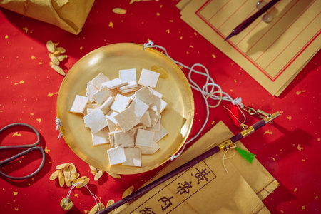 Chinese medicine Poria cocos on the weighing panの写真素材