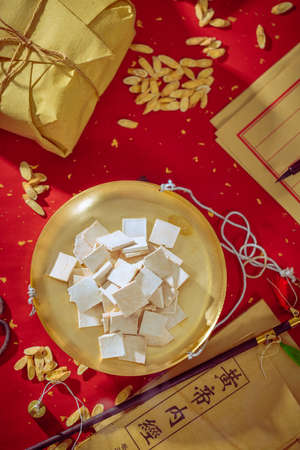 Chinese medicine Poria cocos on the weighing panの写真素材