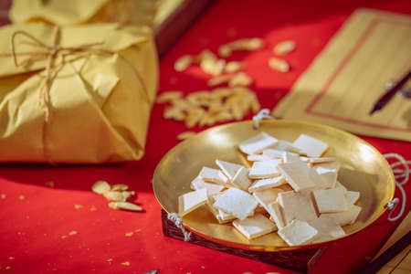 Chinese medicine Poria cocos on the weighing panの写真素材