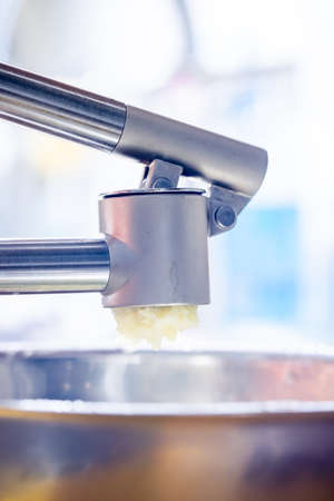 Close-up of a stainless steel saucepanの写真素材