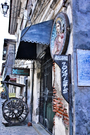 Wall post welcoming tourists in Vigan Philippinesの素材