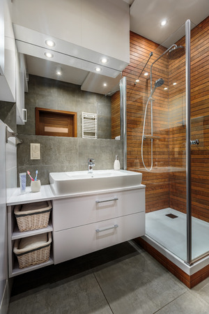 Elegant bathroom interior in white and gray colorsの写真素材