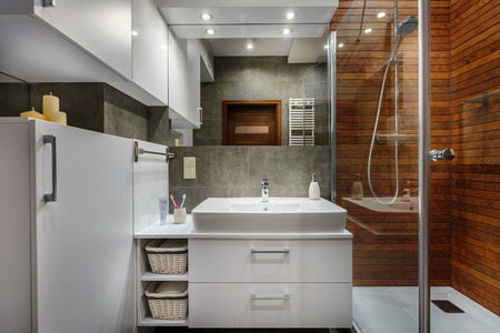 Modern and comfortable bathroom in stylish apartmentの写真素材