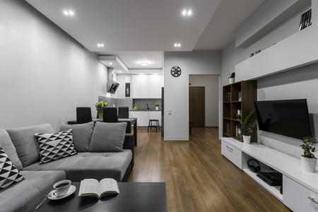 Spacious and modern apartment with big living room and kitchenの写真素材