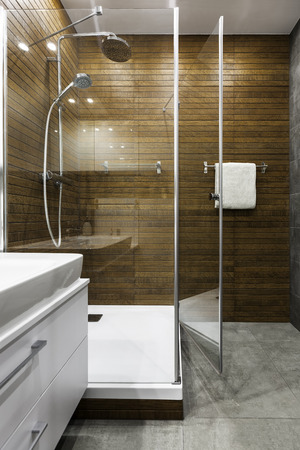 Stylish, elegant and creative wooden wall in bathroomの写真素材