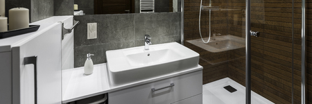Classic white sink in modern design bathroom, panoramaの写真素材