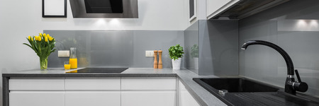 Panorama of kitchen countertops in modern and simple interiorの写真素材