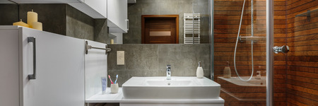 Panorama of contemporary and stylish designed bathroomの写真素材