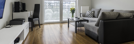Panoramic view of designed and modern living-room with tvの写真素材