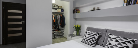 Panoramic view of modern and comfort bedroom interiorの写真素材