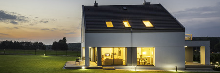 New style villa with outdoor lighting, night view panoramaの写真素材
