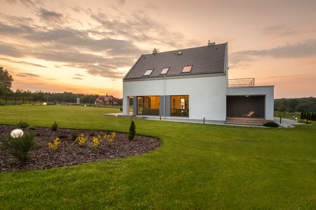 External view of modern villa with wide gardenの写真素材
