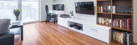 Light and spacious living room with window, TV, bookshelves, floor panels and modern furniture, panoramaの写真素材