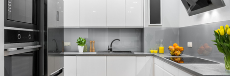 Panorama of new design open kitchen with white furniture and silver detailsの写真素材