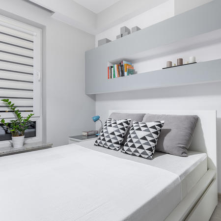 New design white room with double bed and windowの写真素材
