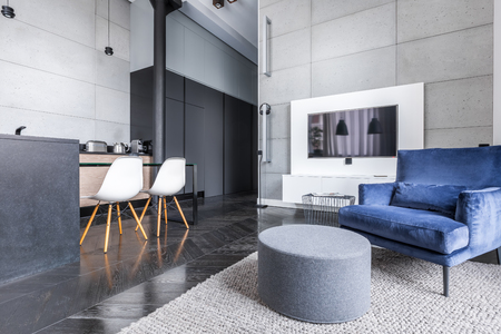 Living room with television, pouf table and armchairの写真素材