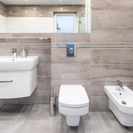 Villa bathroom in beige with toilet, bidet, mirror and basinの写真素材