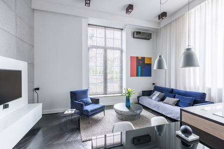 Industrial design in living room with tv and blue furniture setの写真素材