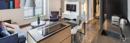 Loft interior with dark kitchen open to light living room, panoramaの写真素材