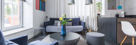 Spacious living room designed perfectly with furniture, art and decorations, panoramaの写真素材