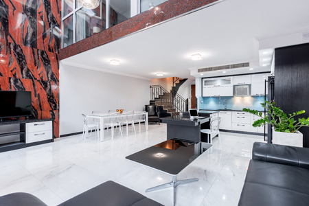 Luxury designed two-storied apartment with open living room and modern kitchenの写真素材