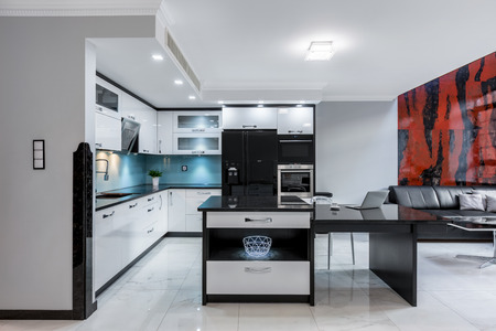 Modern open kitchen space with leather sofa in luxury apartmentの写真素材