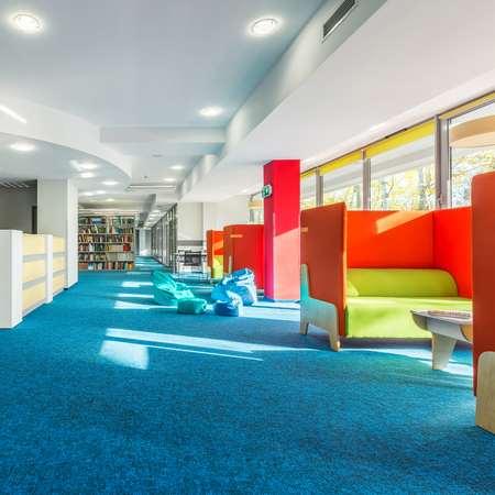 Spacious college library interior with individual study spaceの写真素材