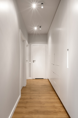 Long home corridor with several doors and spacious wardrobeの写真素材