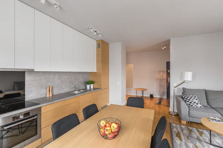 Open plan living room with kitchen in the studioの写真素材