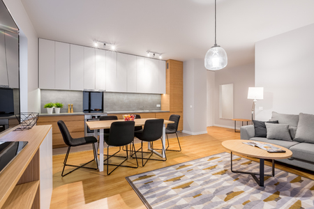 Interior of stylish modern studio apartment with kitchenetteの写真素材