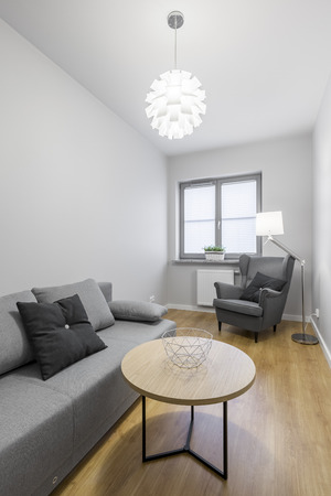 Cozy grey room with sofa, small round table and stylish armchair with modern lampの写真素材
