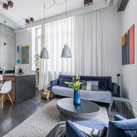 New style multifunctional apartment with living room and kitchen combinedの写真素材