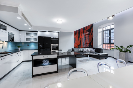 Modern, white apartment with open kitchen and living roomの写真素材