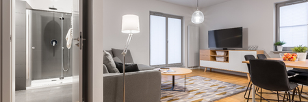 Bathroom, dining area and living room in the interior of modern flat, panoramaの写真素材