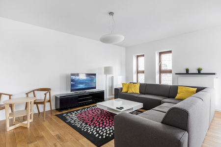Big gray corner sofa in spacious living room in contemporary styleの写真素材