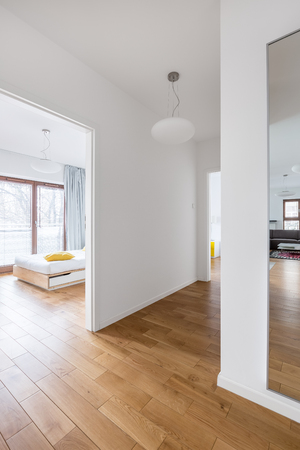 Open interior of modern bright apartment with wooden floorの写真素材