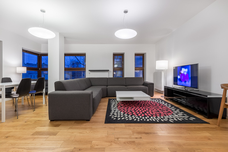 Spacious living room with modern furnishings and big windowsの写真素材