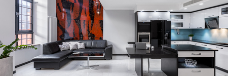 Creatively designed interior of urban apartment with beautiful marble mosaic, panoramaの写真素材