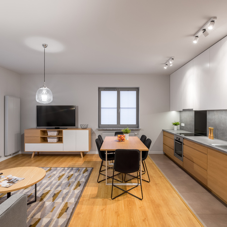 Multifunctional, modern loft apartment with kitchen, dining area and living roomの写真素材