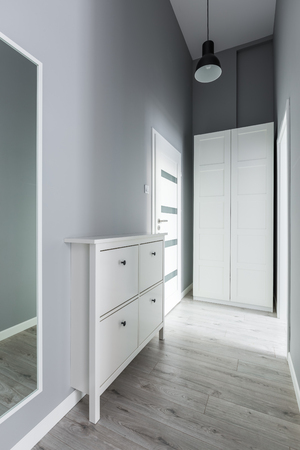 Gray entryway with white wardrobe, wooden floor and mirrorの写真素材