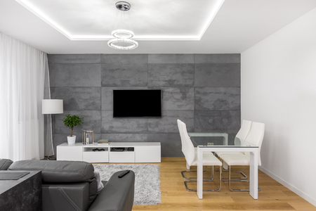 Modern living room with glass table, white chairs and tv on concrete wallの写真素材