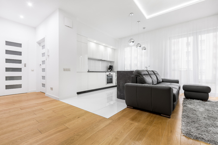 White living room with hardwood floor and black sofaの写真素材