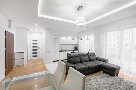 White, elegant apartment with kitchen and living roomの写真素材
