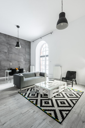 Loft apartment with open living room with sofa and pallet tableの写真素材