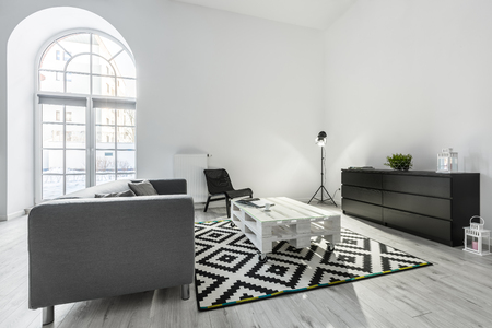 White living room with gray sofa, pallet table and black cabinetの写真素材