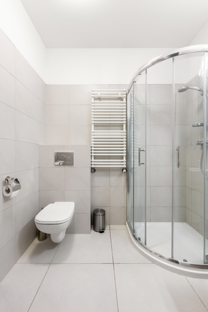 White and gray bathroom with shower and toiletの写真素材