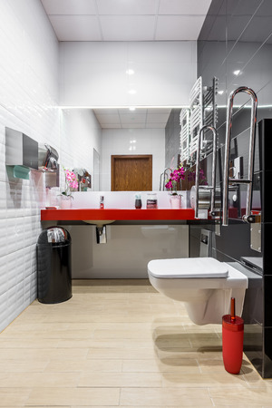Black and white modern bathroom with toilet, red countertop and safety grab barsの写真素材