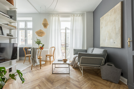 Cozy home in scandinavian style with tv living roomの写真素材