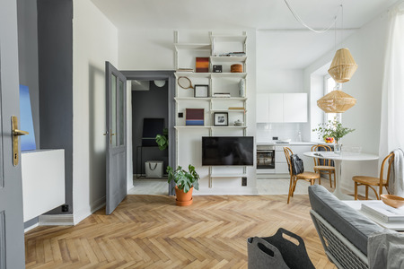Apartment in scandinavian style with wooden floor, couch and tvの写真素材