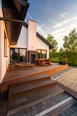 Beautiful exterior view of modern villa with terraceの写真素材